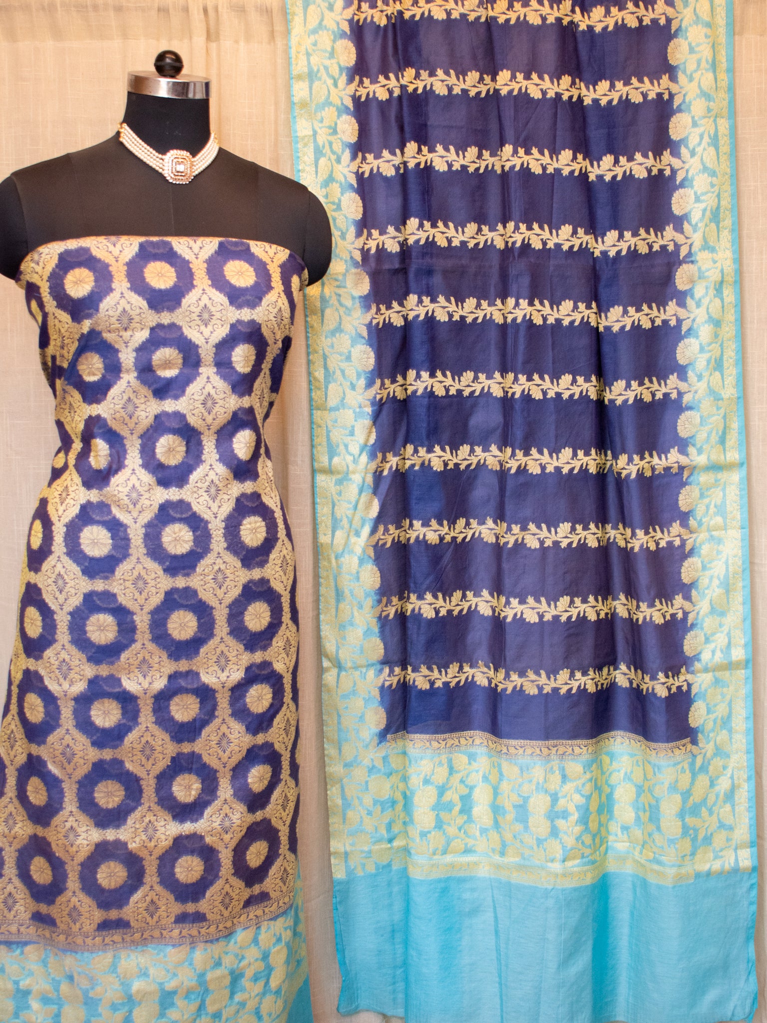 Banarasi Cotton Silk Salwar Kameez With Resham Weaving & Dupatta- Blue