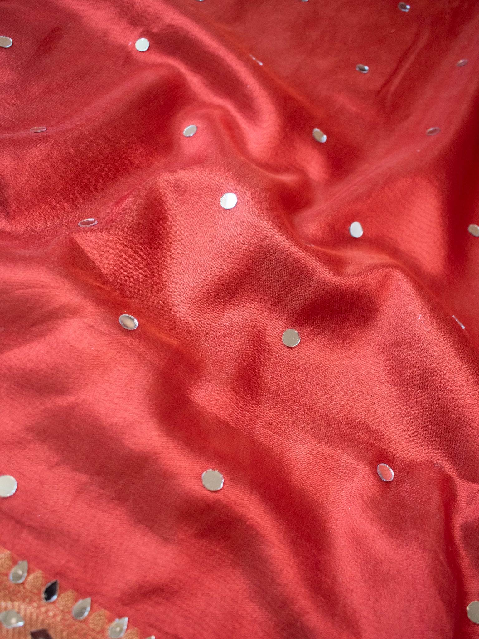 Banarasi Mirror Work Tissue Saree with Lace Border - Red