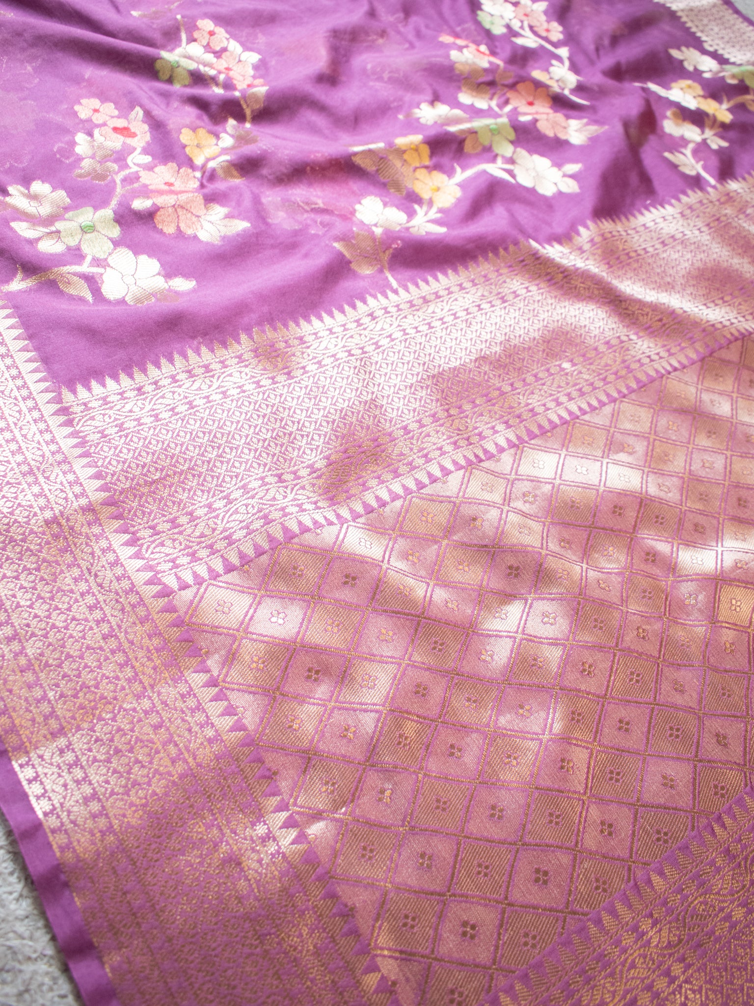 Banarasi Cotton Silk Saree with Floral Weaving & Border- Mauve