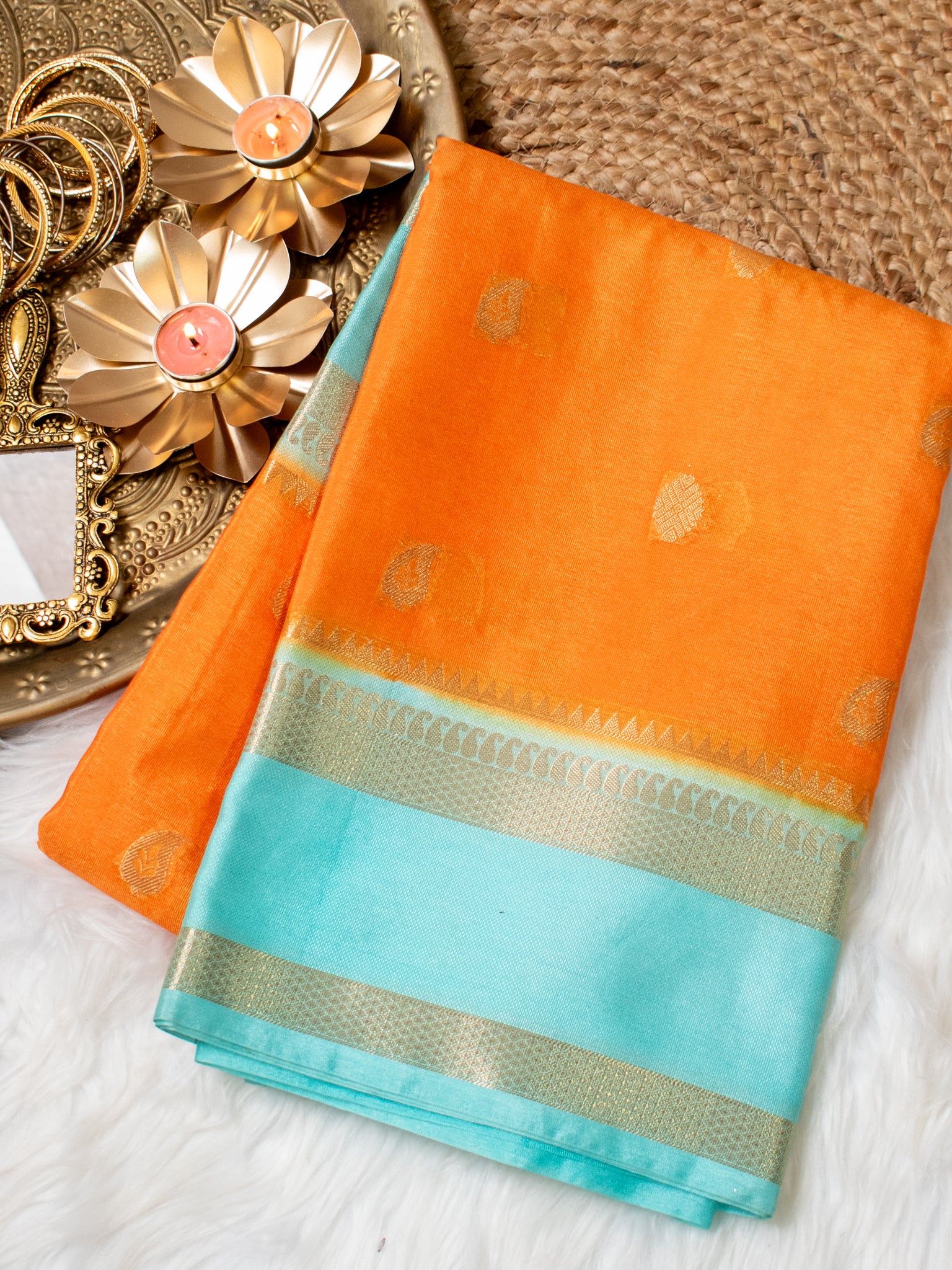 Banarasi Cotton Silk Saree with Satin Contrast Border- Orange