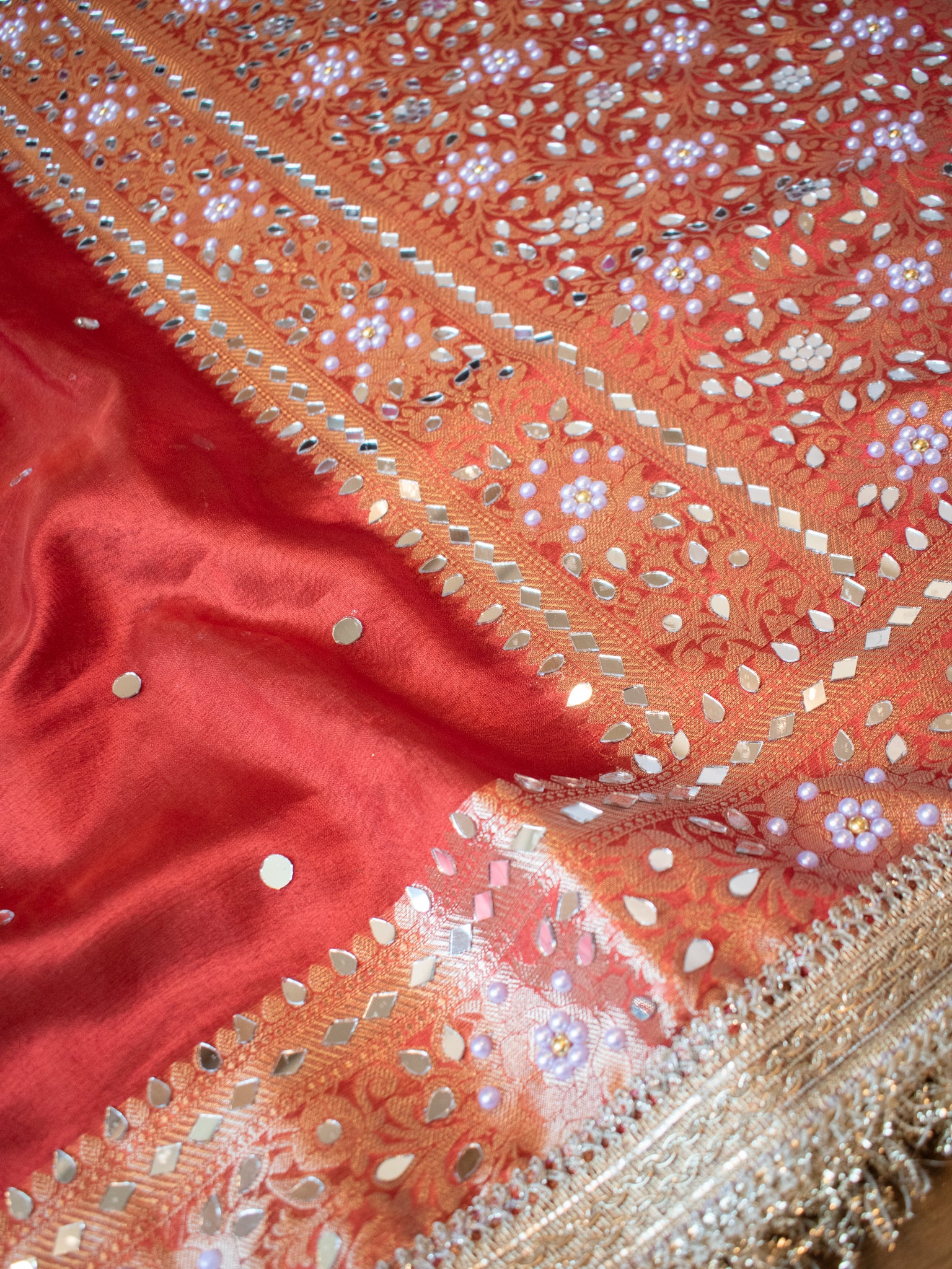 Banarasi Mirror Work Tissue Saree with Lace Border - Red