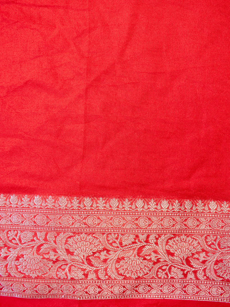 Banarasi Soft Cotton Saree With Silver Zari Border-Red