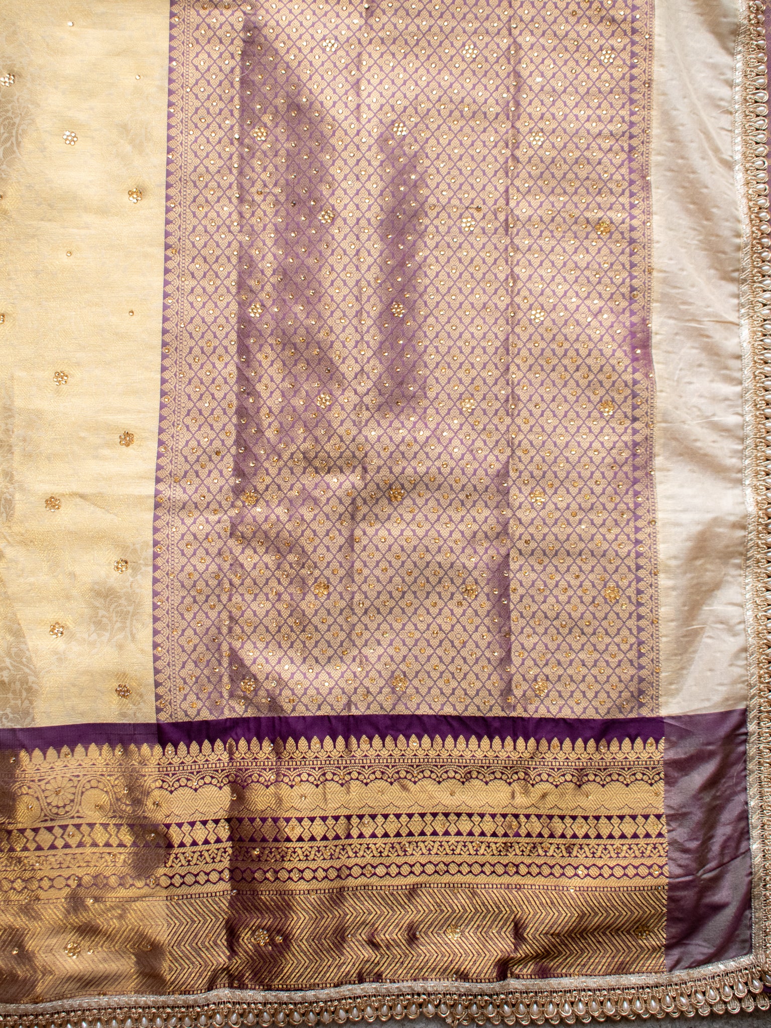 Banarasi Tissue Saree with Zari Weaving & Contrast Border With Lace- Beige