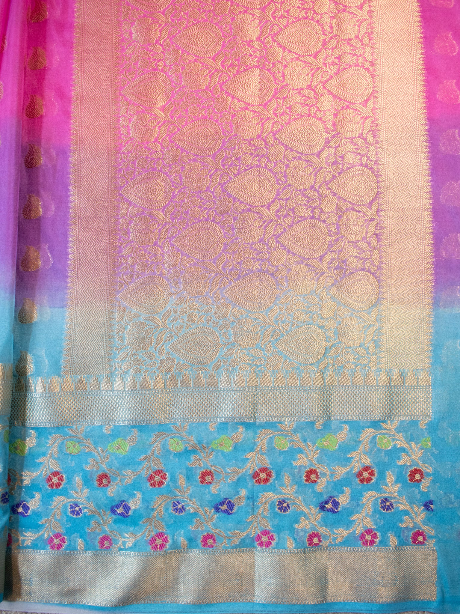 Banarasi Shaded Cotton Silk Saree With Silver Zari & Meena Border-Blue & Pink