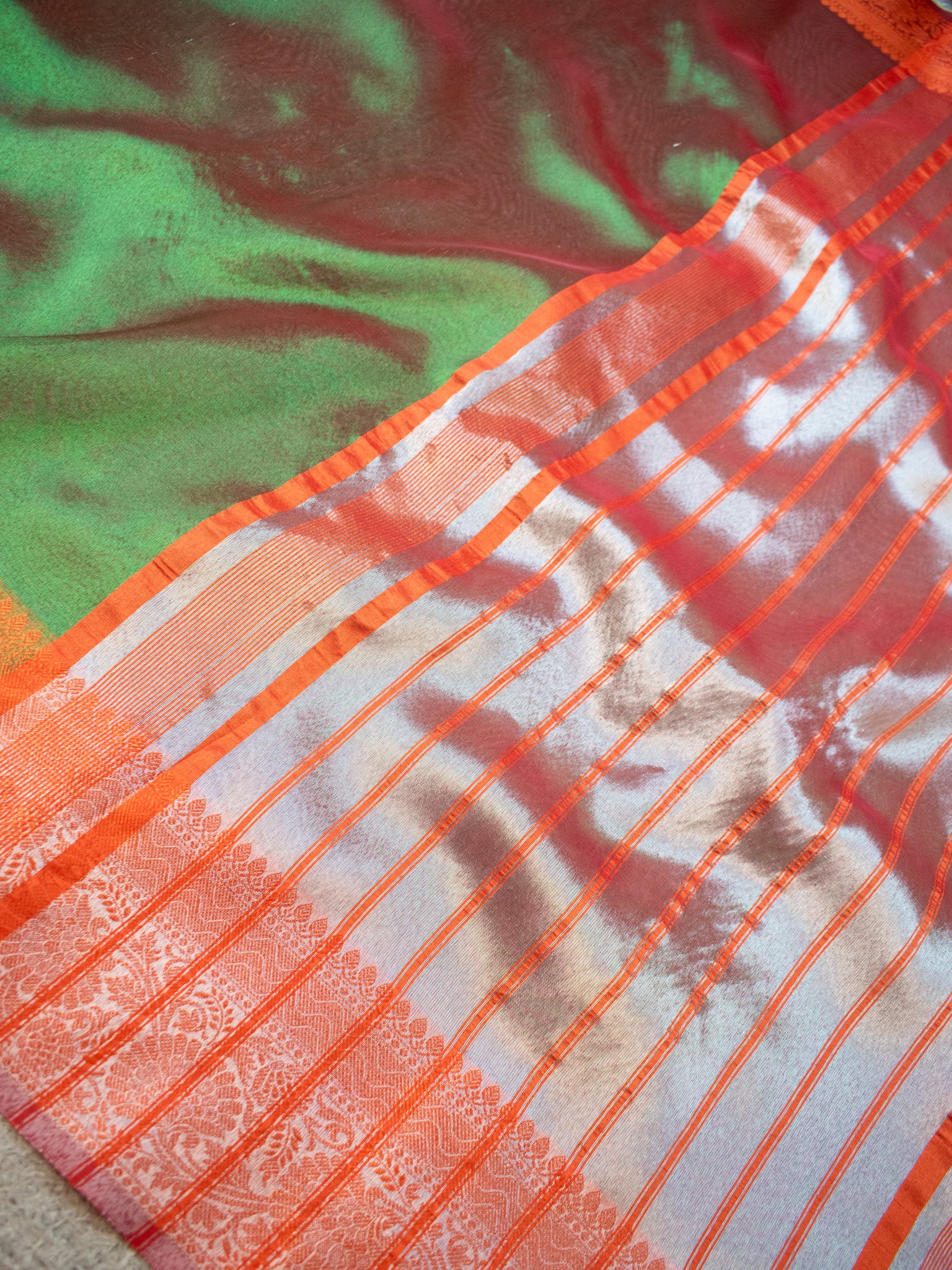 Banarasi Plain Shaded Tissue Saree With Zari Border - Green
