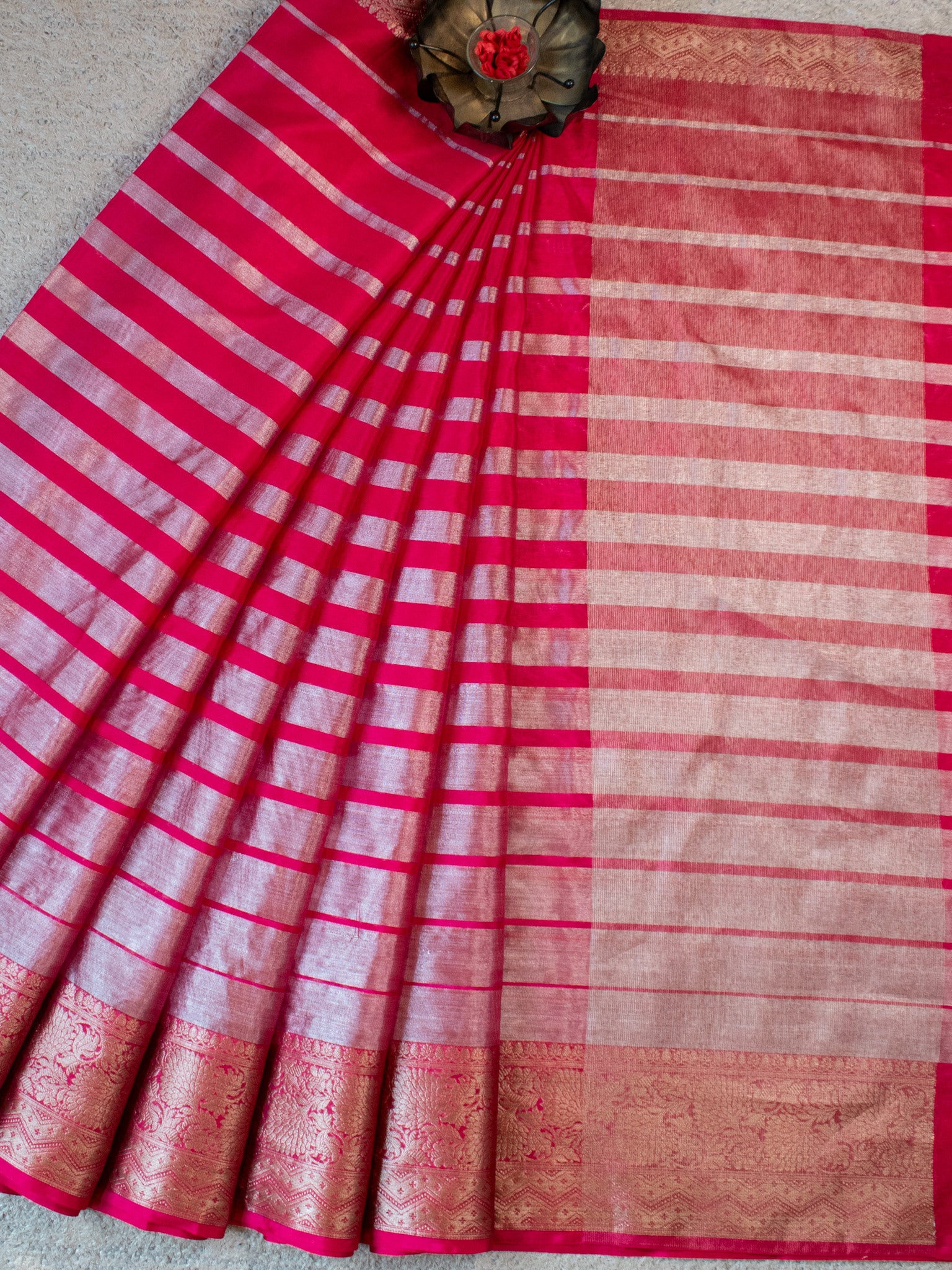 Banarasi Tissue Saree With Copper Zari Border-Pink