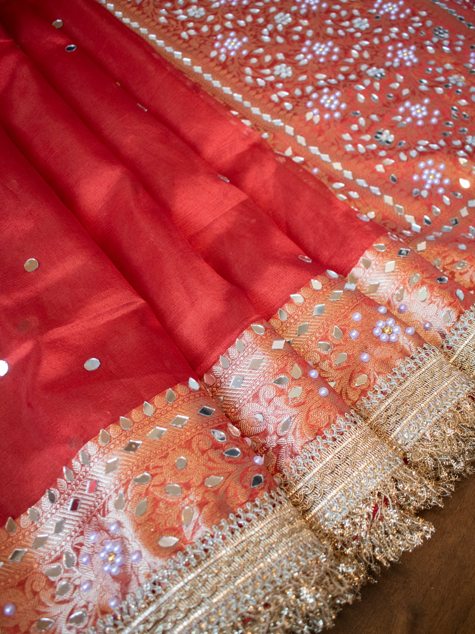 Banarasi Mirror Work Tissue Saree with Lace Border - Red