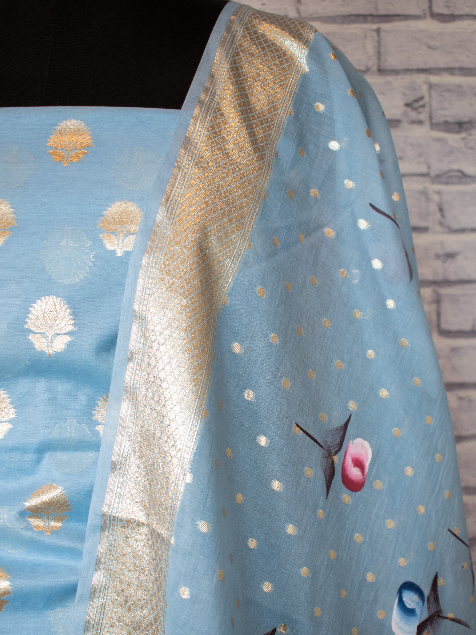 Banarasi Cotton Silk Salwar Kameez Material With Silver Zari & Hand Printed Dupatta-Blue