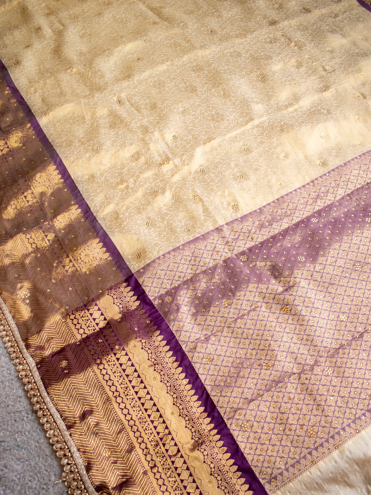 Banarasi Tissue Saree with Zari Weaving & Contrast Border With Lace- Beige