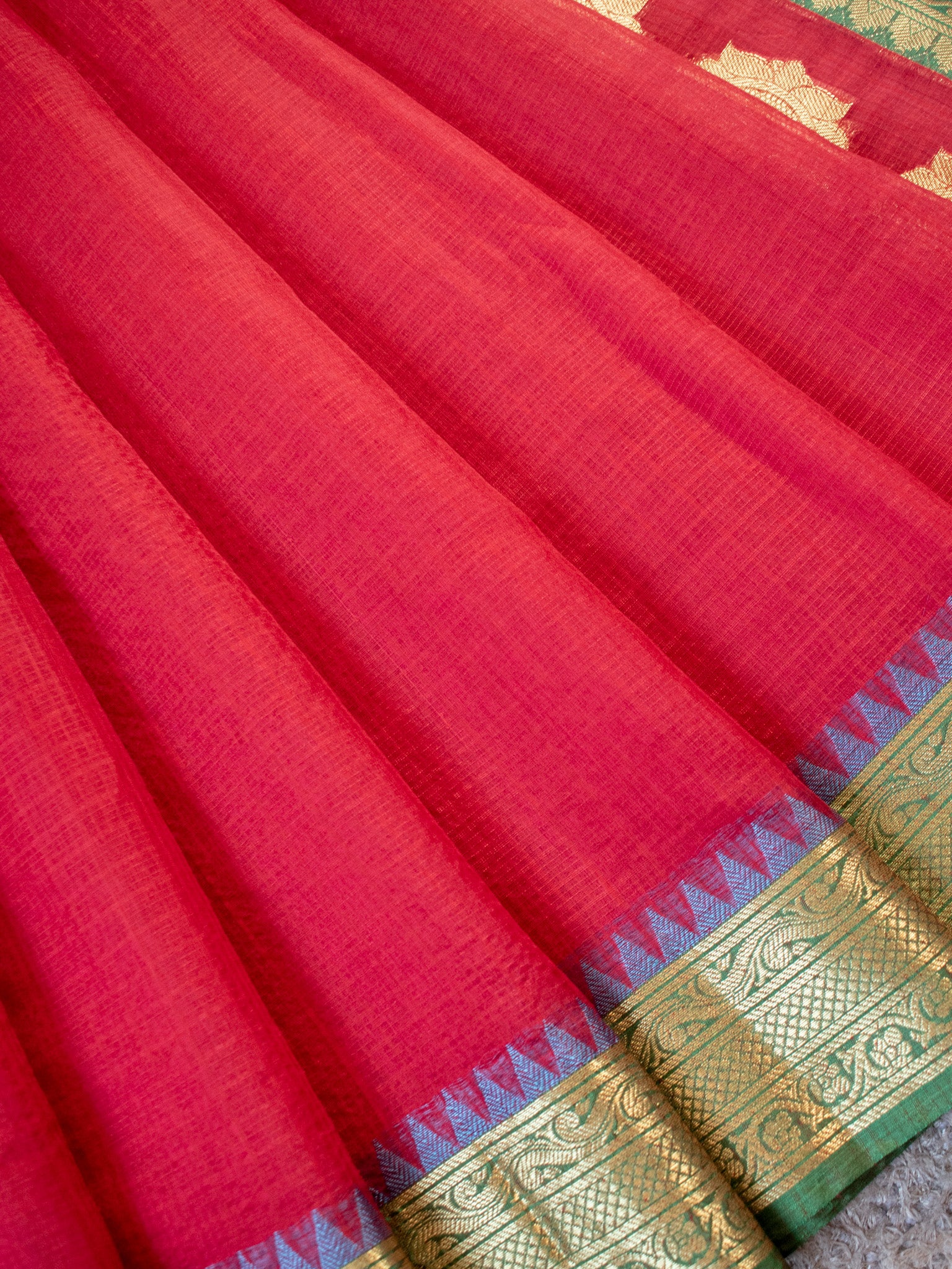 Banarasi Kota Check Saree With Contrast Border - Red