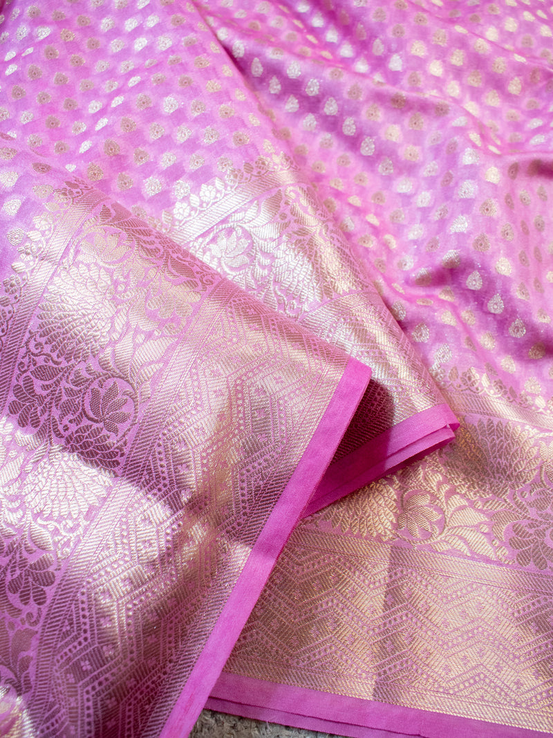 Banarasi Cotton Silk Saree With Silver Zari Weaving & Border-Pink