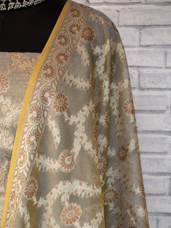Banarasi Cotton Silk Salwar Kameez Fabric Resham Weaving & Jaal Dupatta-Grey