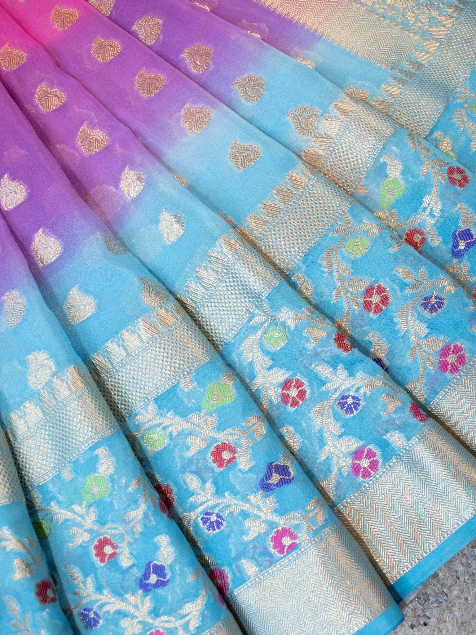 Banarasi Shaded Cotton Silk Saree With Silver Zari & Meena Border-Blue & Pink