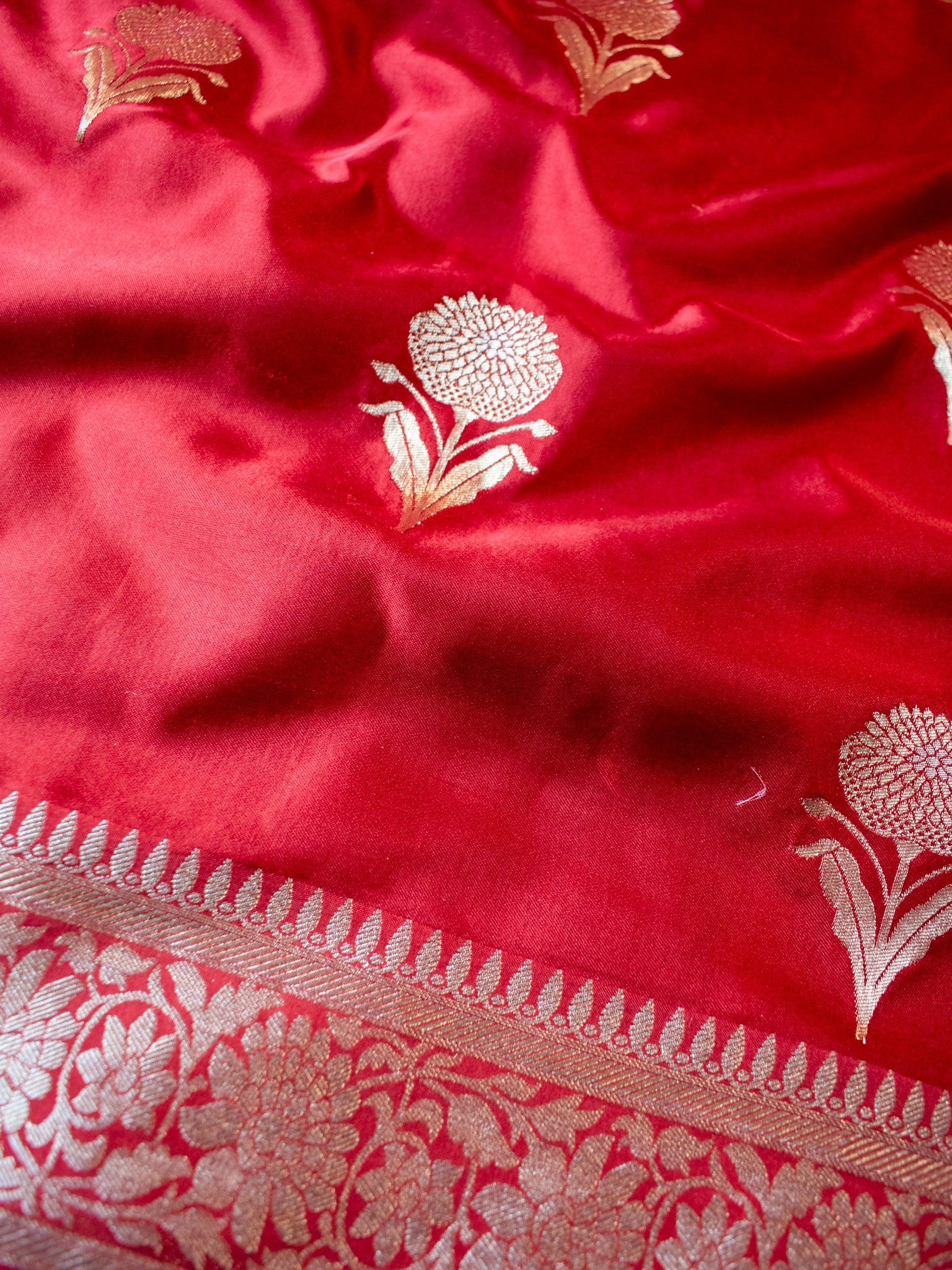 Banarasi Mashru Silk Saree With Buti & Border- Red