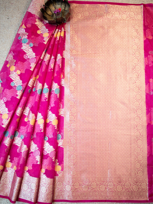 Banarasi Cotton Silk Saree With Silver Zari Weaving & Border-Pink