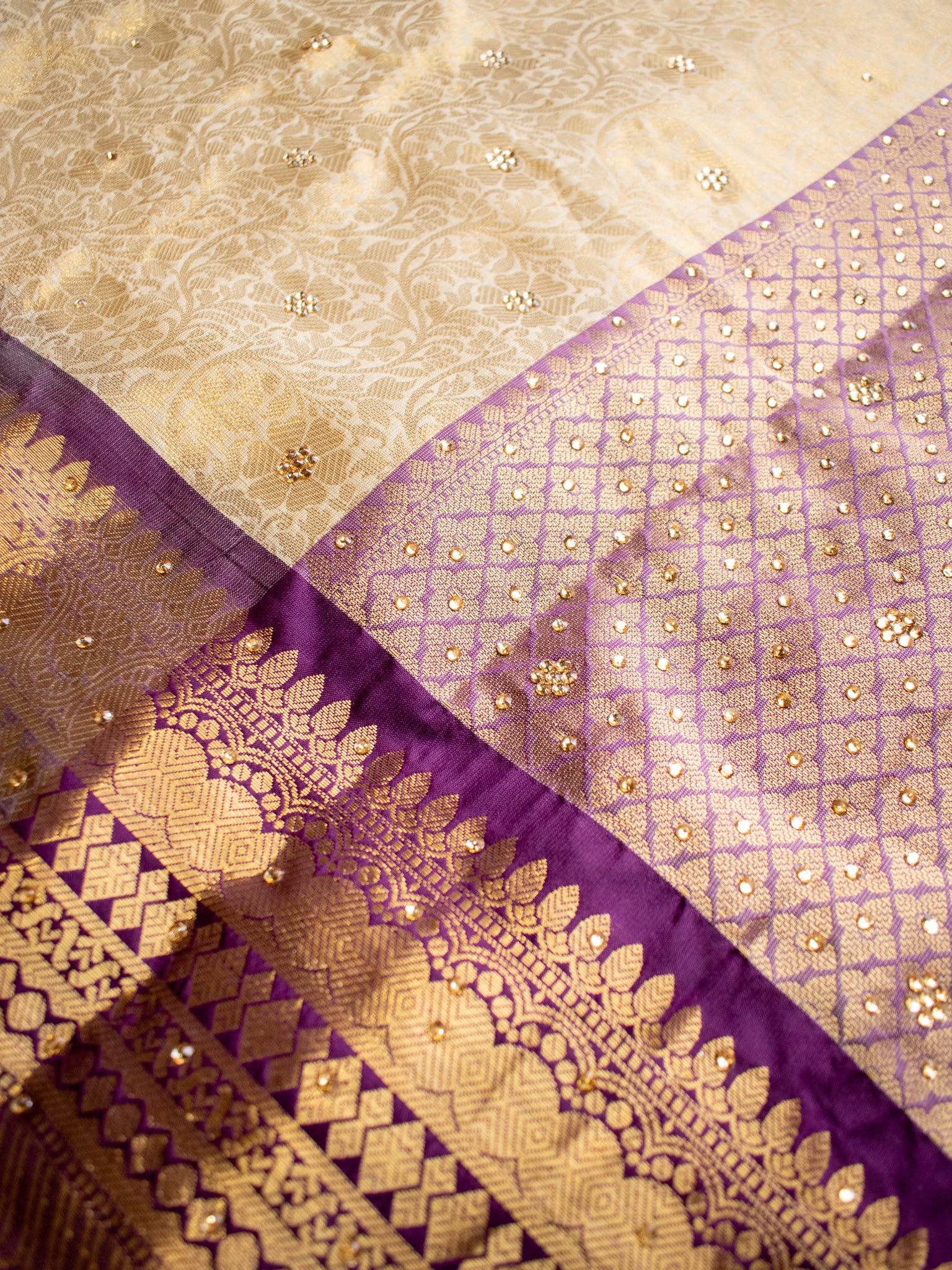 Banarasi Tissue Saree with Zari Weaving & Contrast Border With Lace- Beige