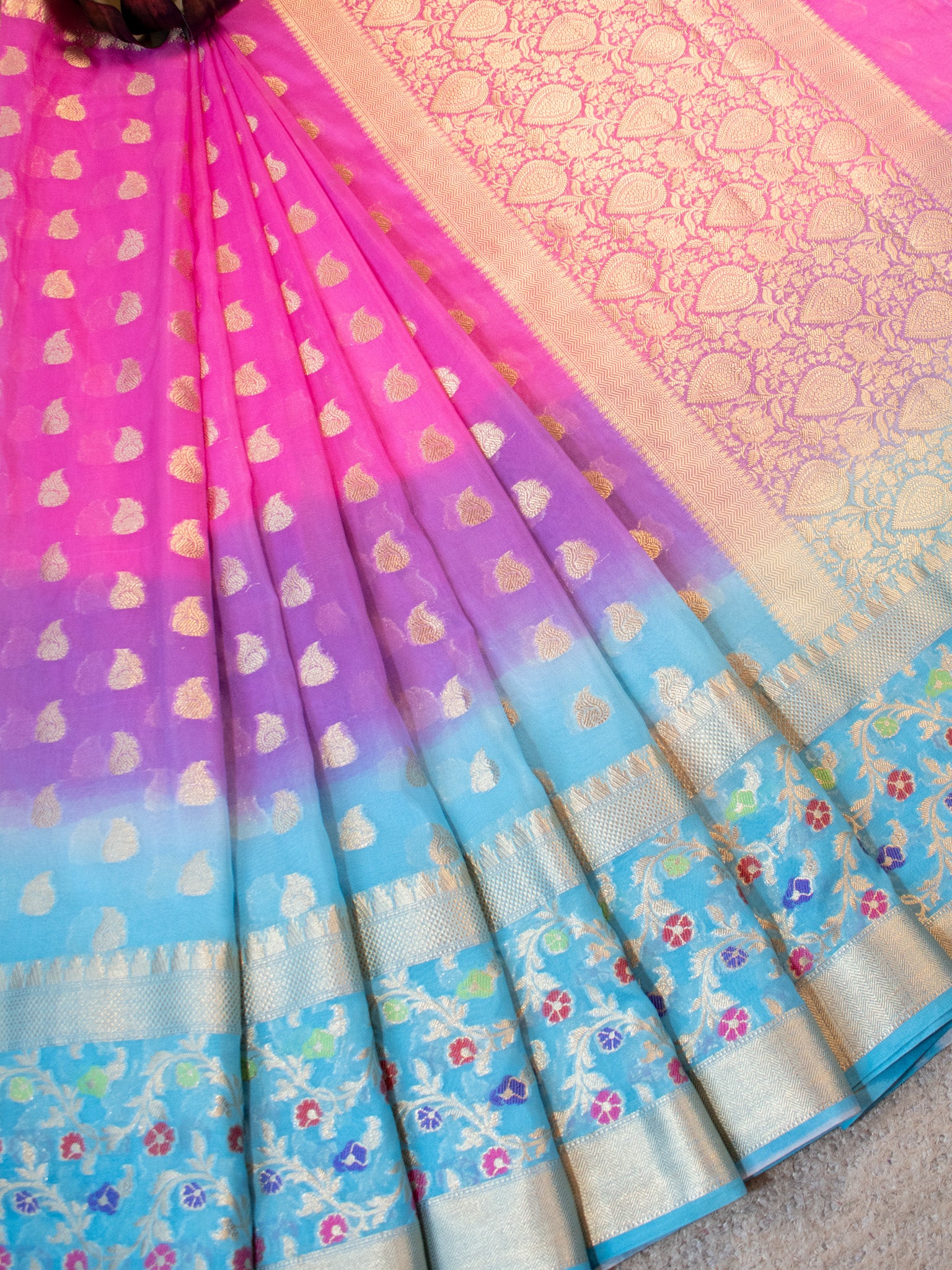 Banarasi Shaded Cotton Silk Saree With Silver Zari & Meena Border-Blue & Pink