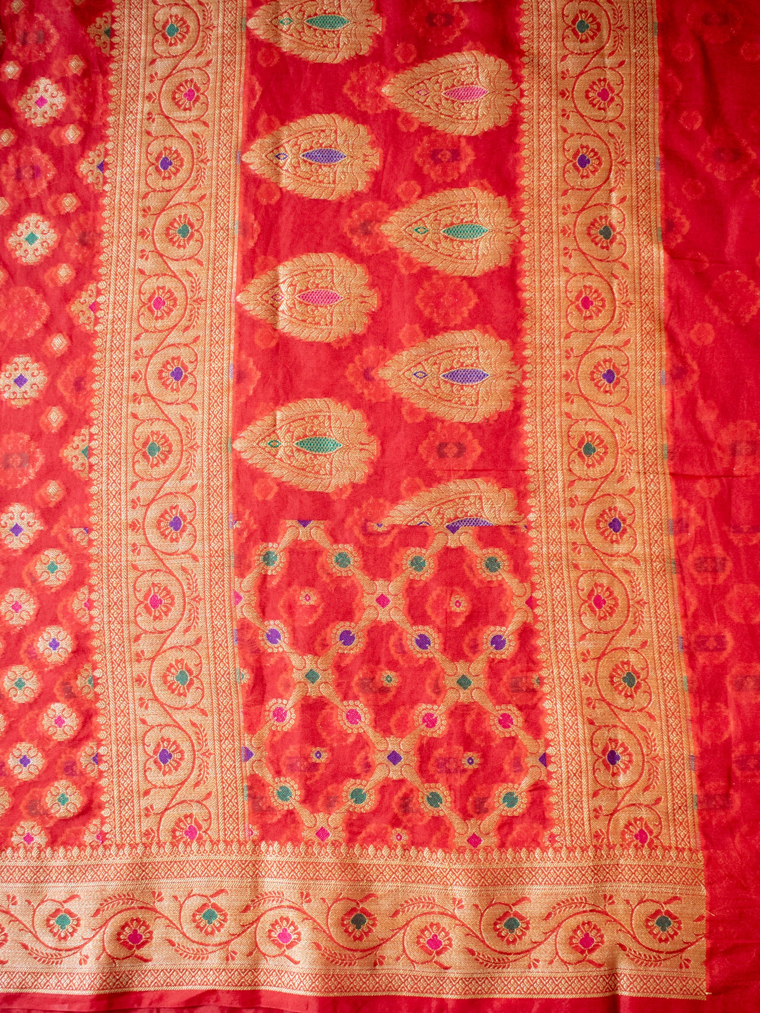 Banarasi Pure Cotton Saree With Zari & Resham Buti Weaving & Border- Red