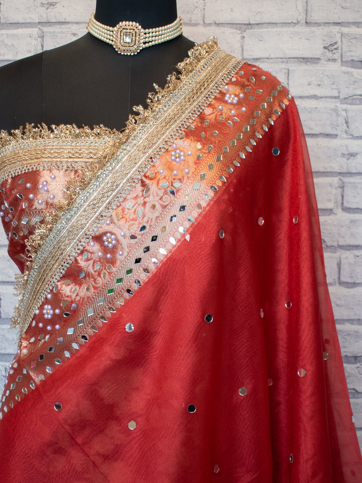 Banarasi Mirror Work Tissue Saree with Lace Border - Red