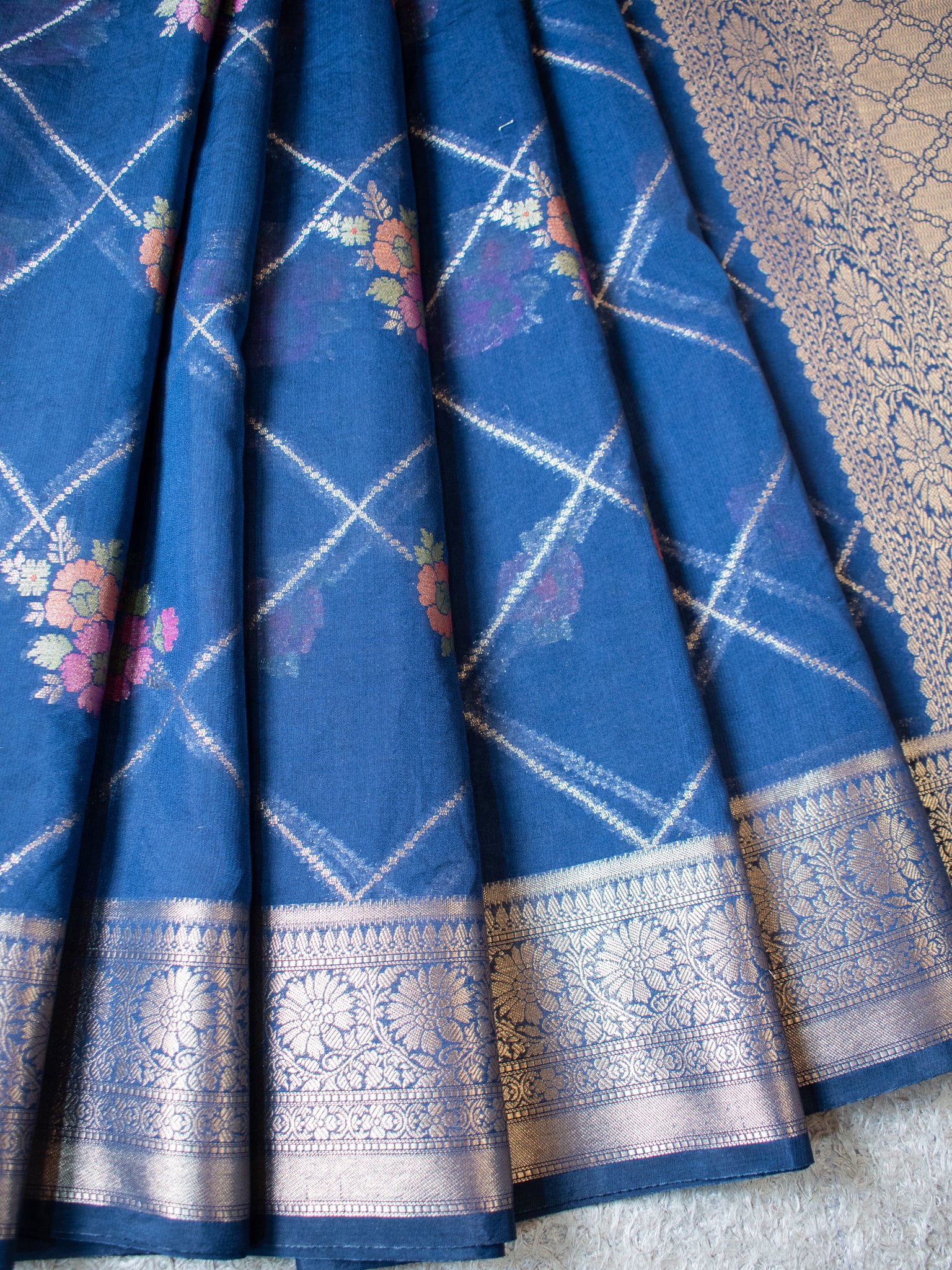 Banarasi Cotton Silk Saree with Floral Weaving & Border- Blue