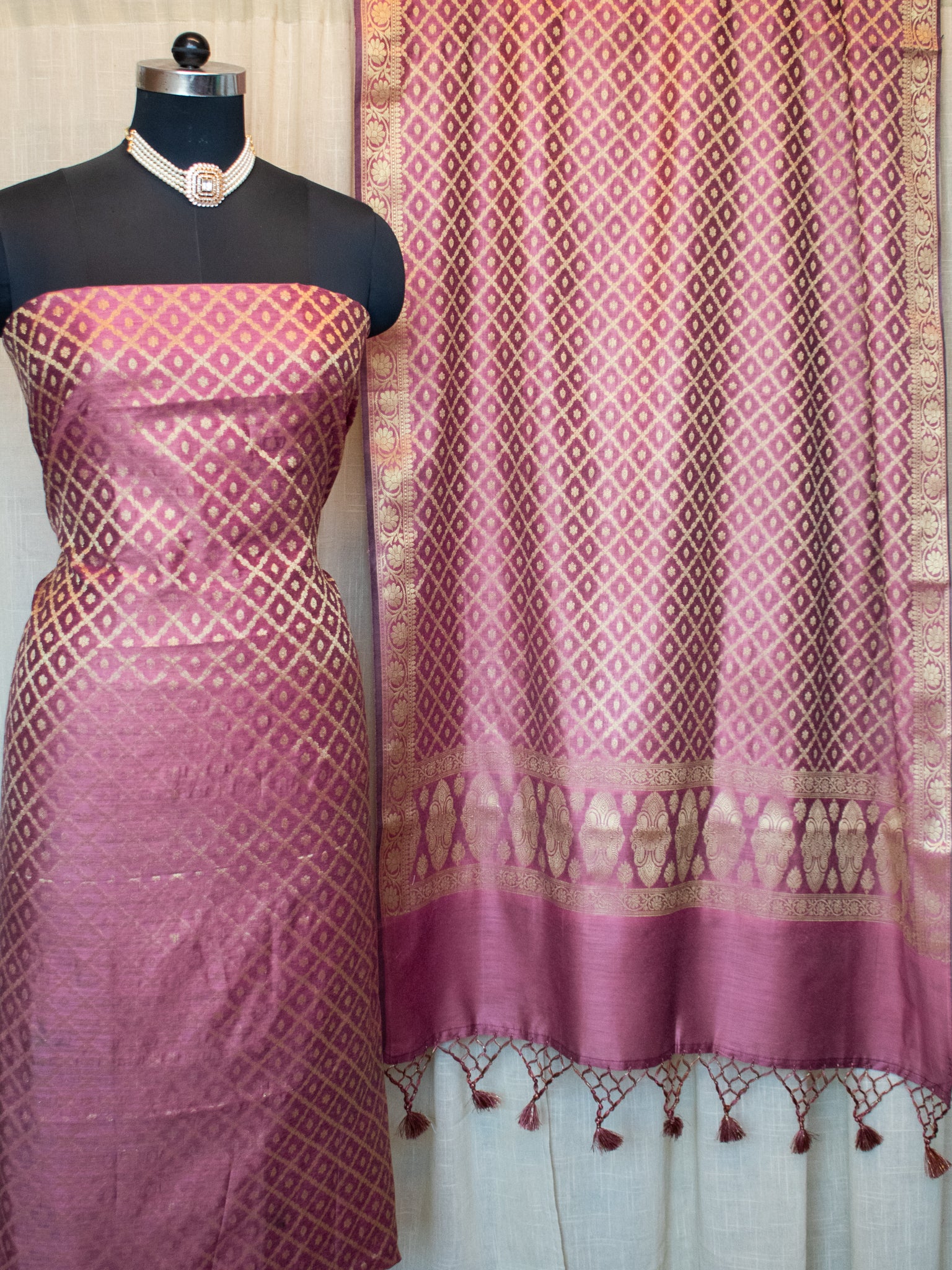 Banarasi Cotton  Silk Zari Weaving Salwar Kameez Material-Wine