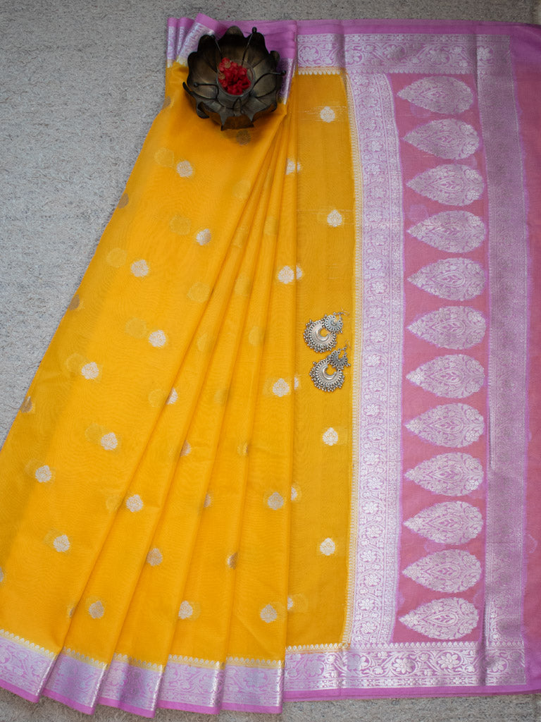 Banarasi Semi Chiffon Saree Silver Zari Buti Weaving & Contrast Border-Yellow