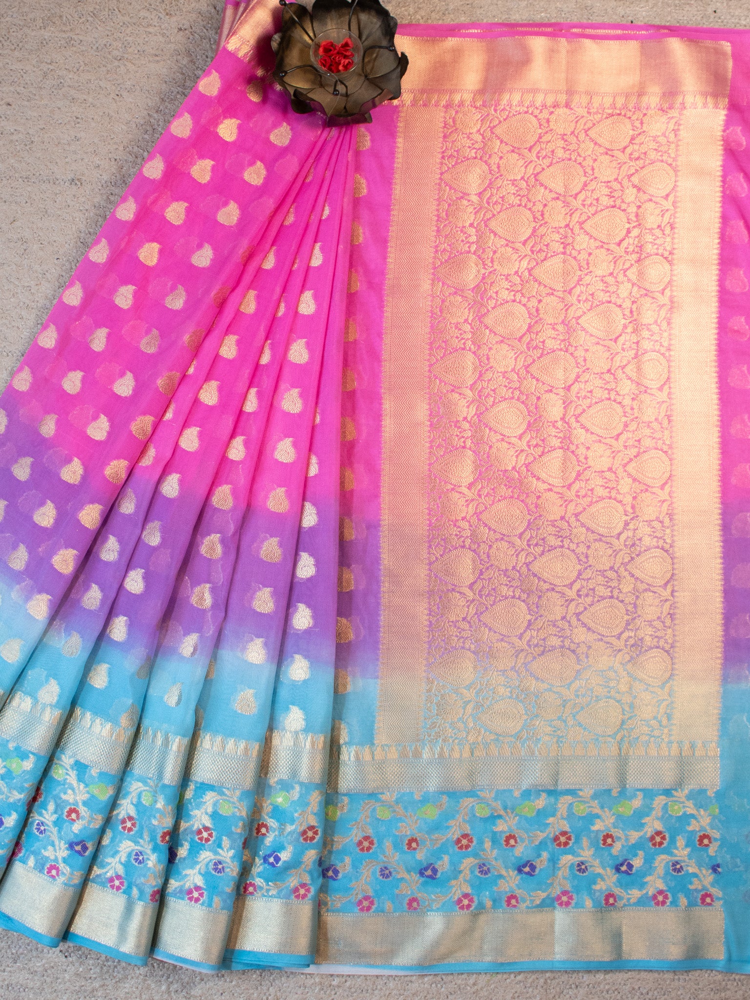 Banarasi Shaded Cotton Silk Saree With Silver Zari & Meena Border-Blue & Pink