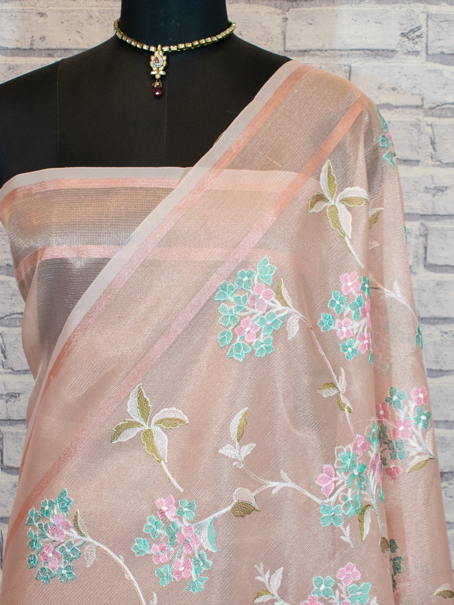 Banarasi Tissue Saree With Embroidery & Border - Pink