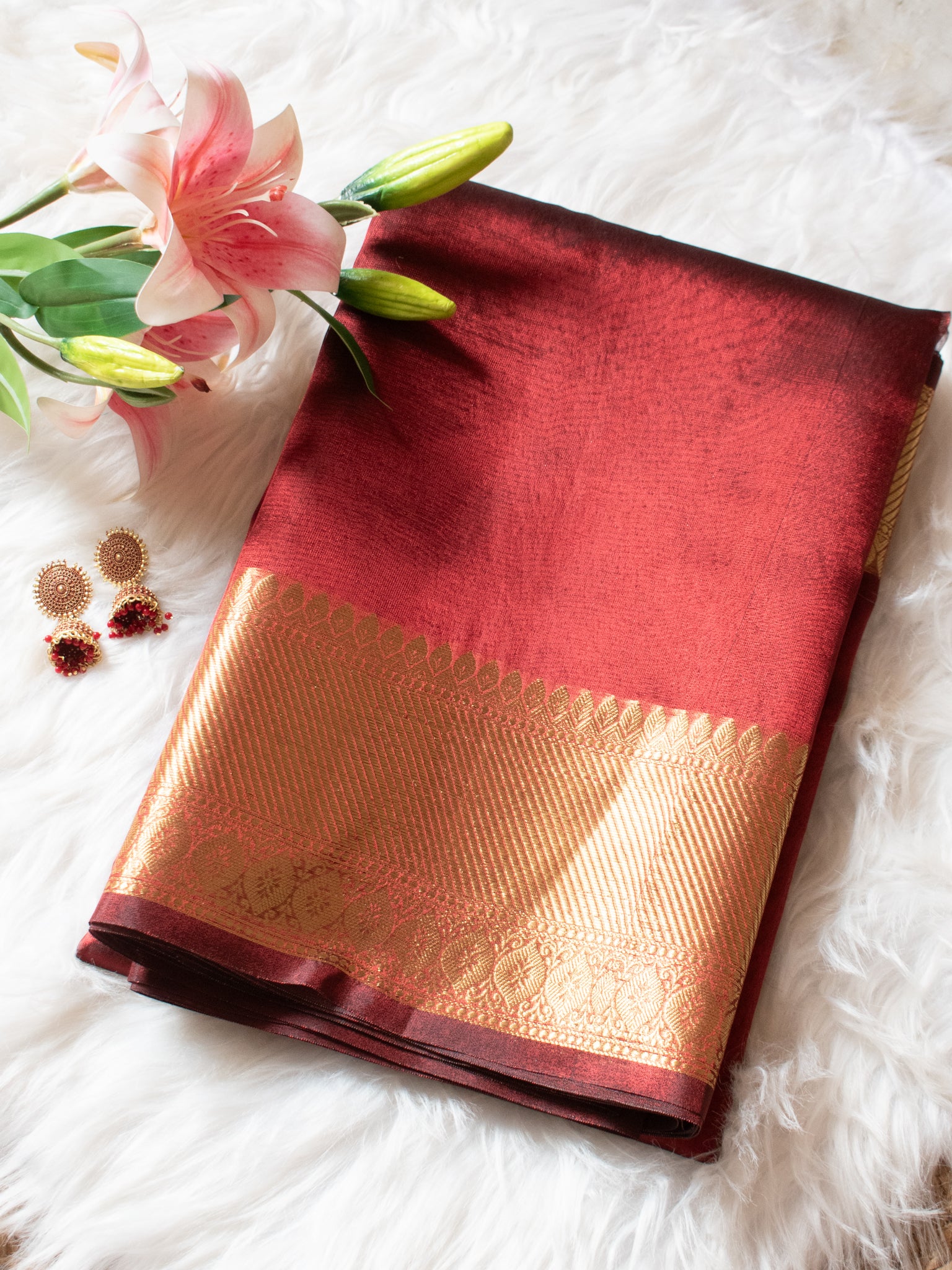 Banarasi Plain Tissue Saree With Zari Border- Brown