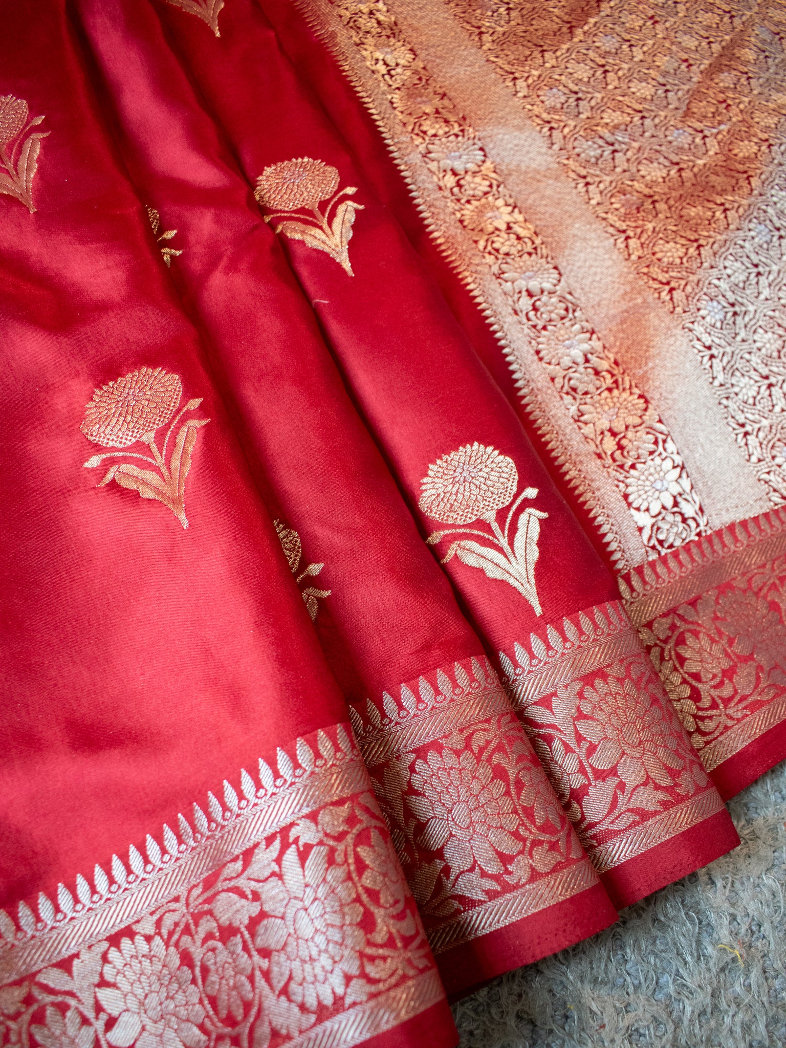 Banarasi Mashru Silk Saree With Buti & Border- Red