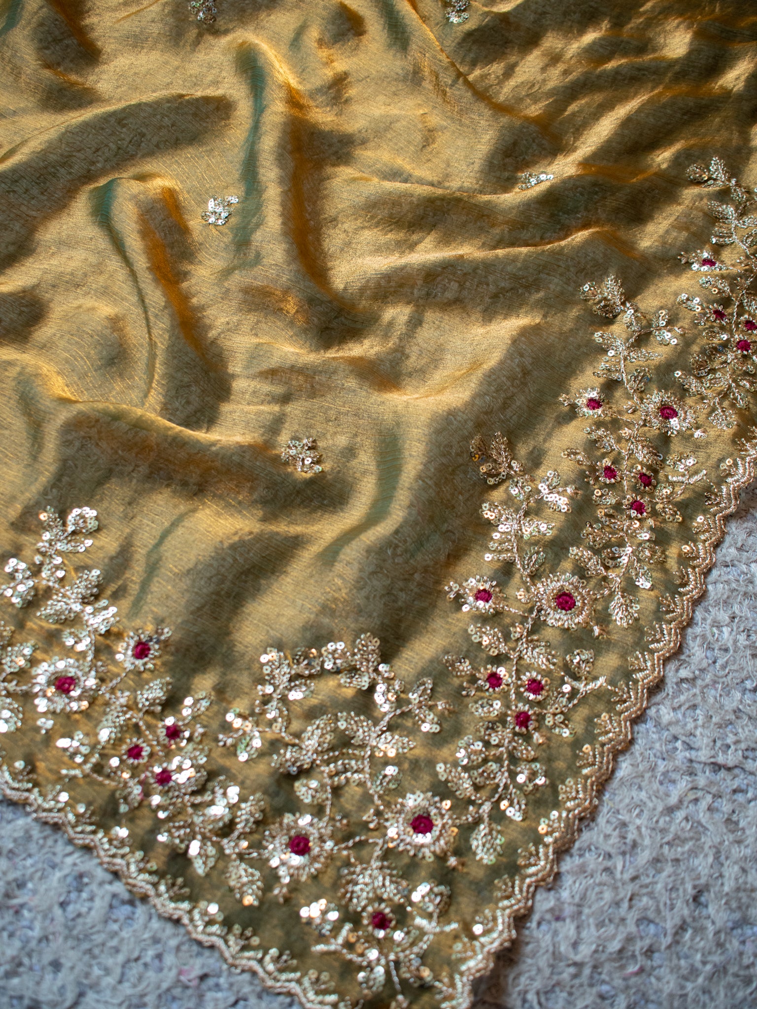 Tissue Embroidered Cocktail Saree- Olive Green