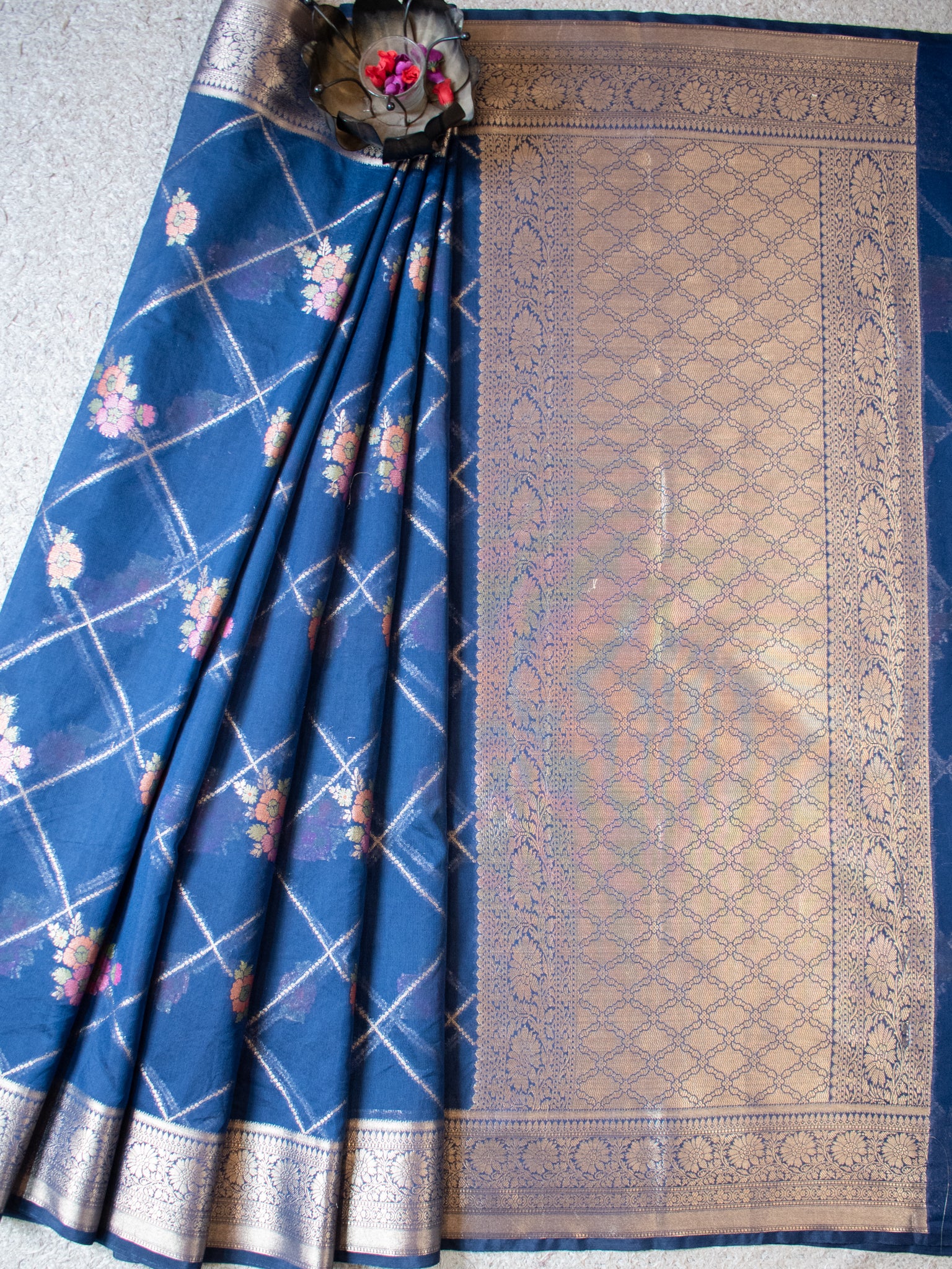 Banarasi Cotton Silk Saree with Floral Weaving & Border- Blue