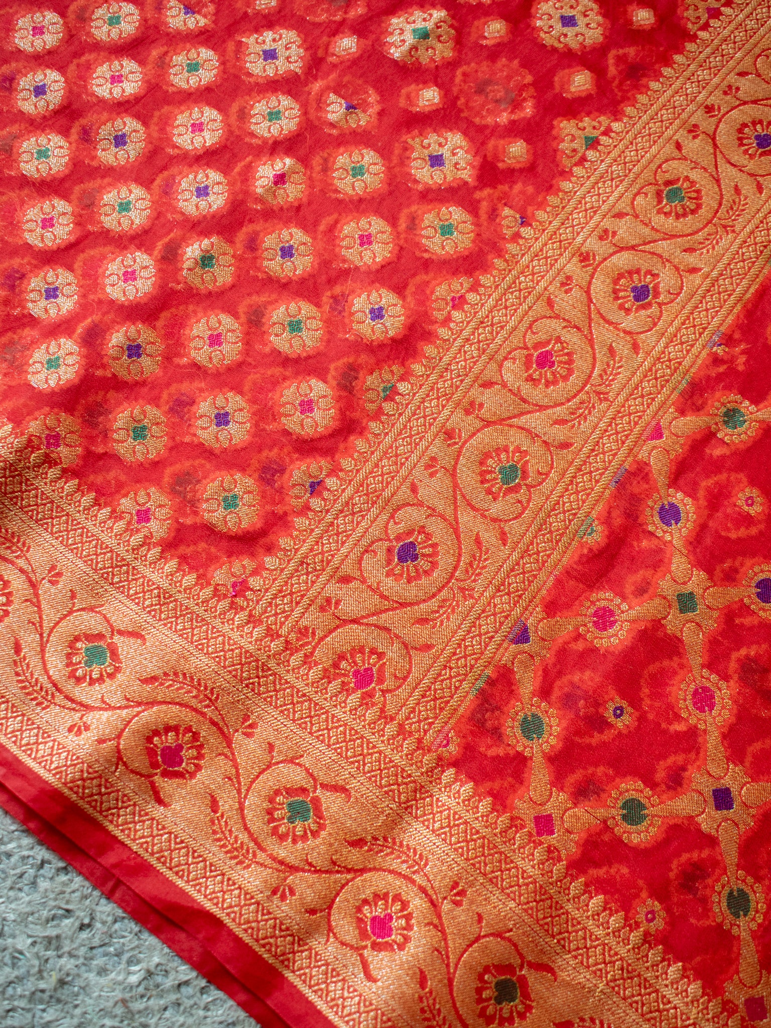 Banarasi Pure Cotton Saree With Zari & Resham Buti Weaving & Border- Red