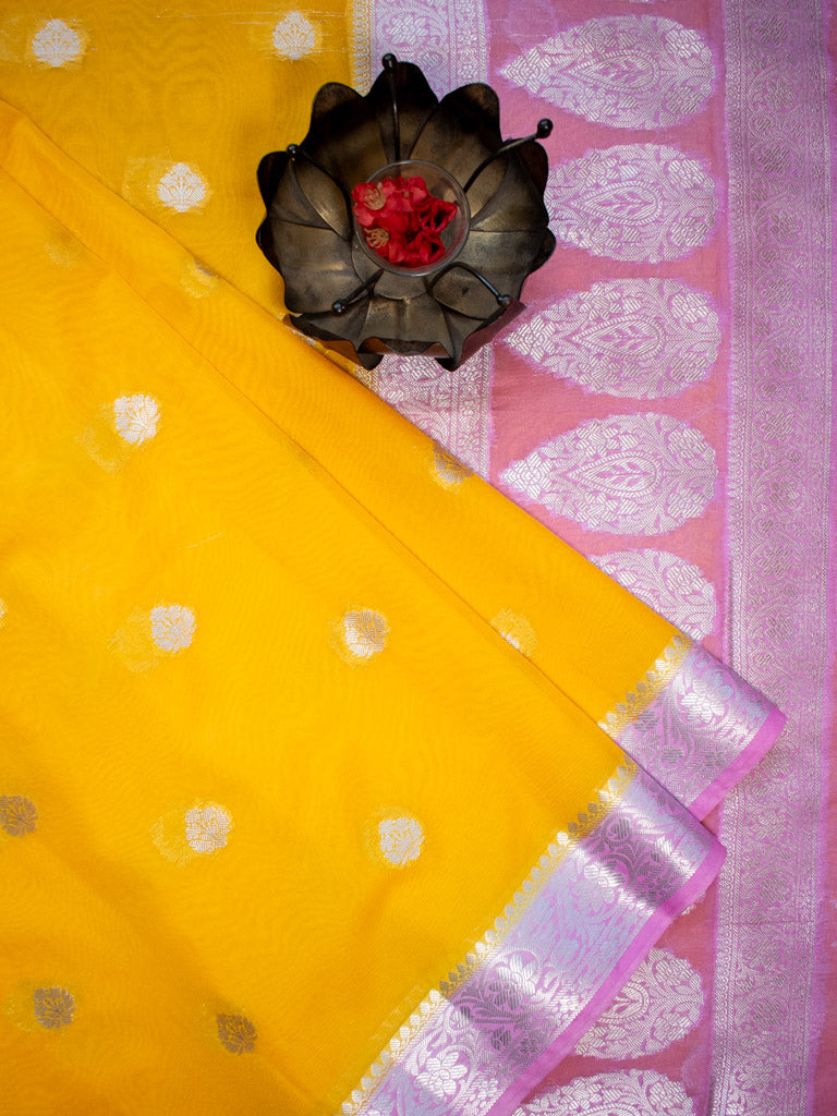Banarasi Semi Chiffon Saree Silver Zari Buti Weaving & Contrast Border-Yellow