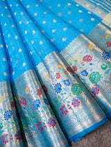Banarasi Kora Saree With Zari Weaving & Meena Border-Blue