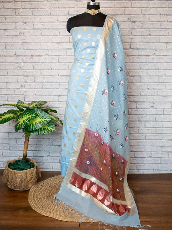 Banarasi Cotton Silk Salwar Kameez Material With Silver Zari & Hand Printed Dupatta-Blue