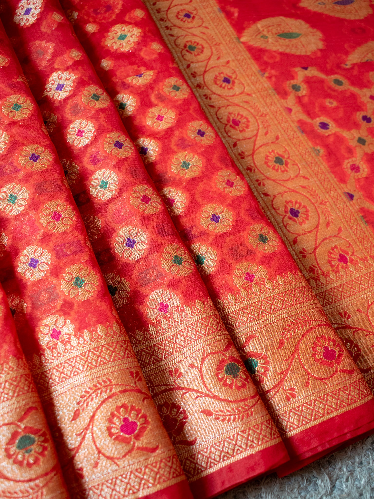 Banarasi Pure Cotton Saree With Zari & Resham Buti Weaving & Border- Red