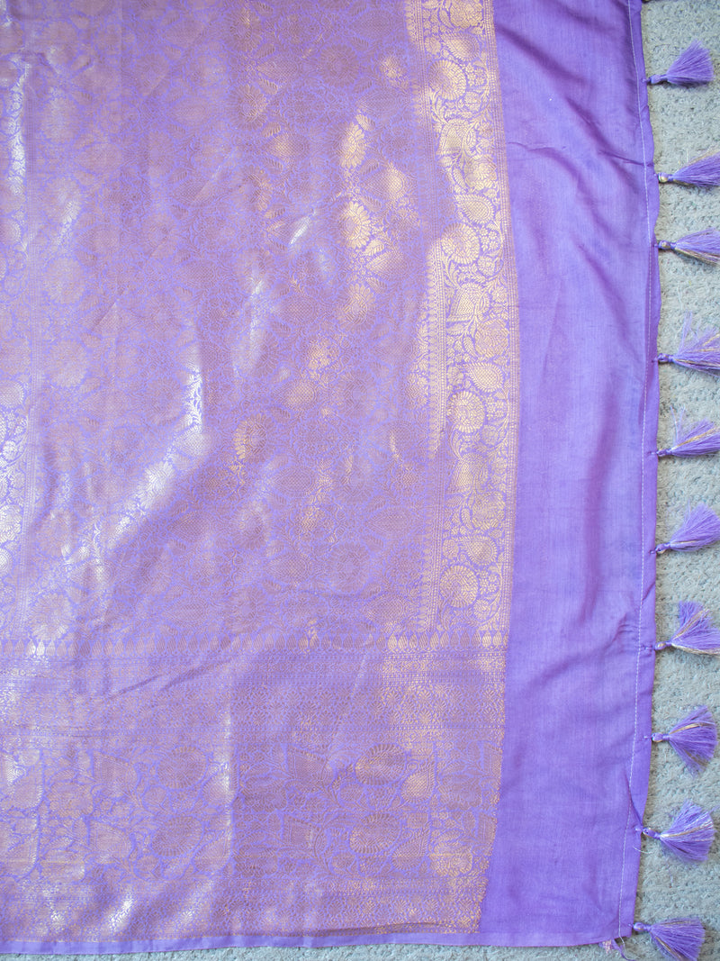 Banarasi Cotton Mix Saree With Buti & Zari Border - Lavender