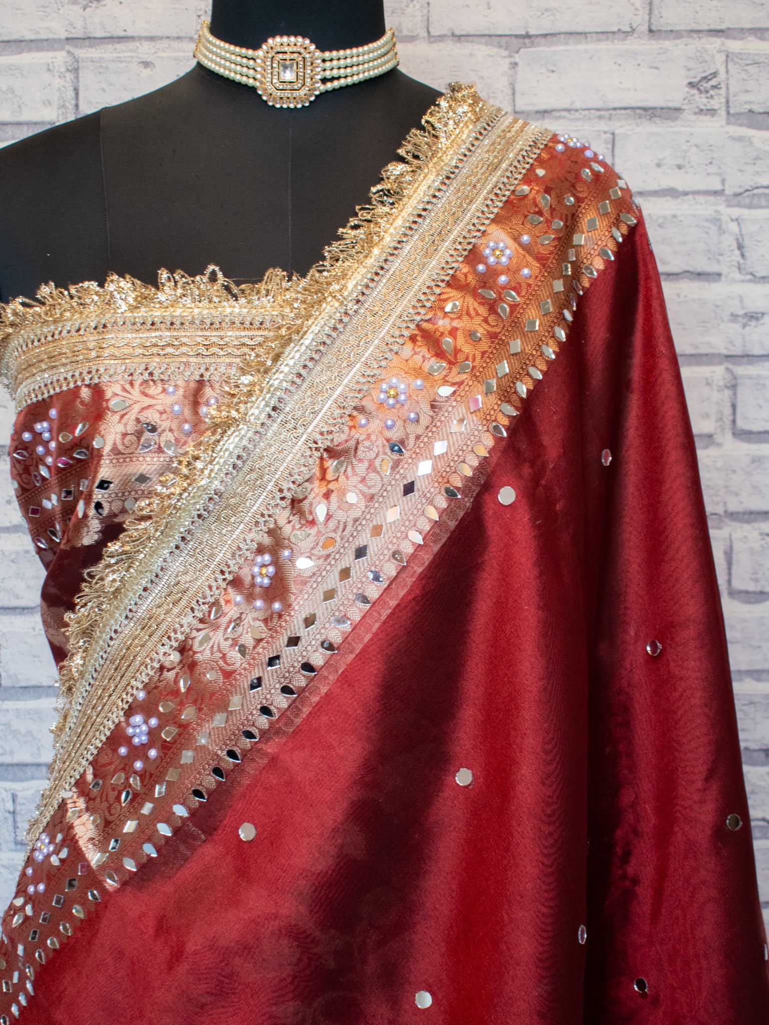 Banarasi Mirror Work Tissue Saree with Lace Border - Maroon