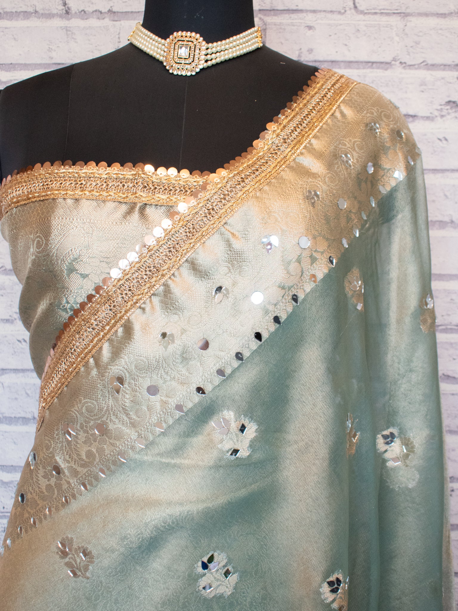 Banarasi Tissue Saree With Mirror Work & Lace Border- Pastel Blue