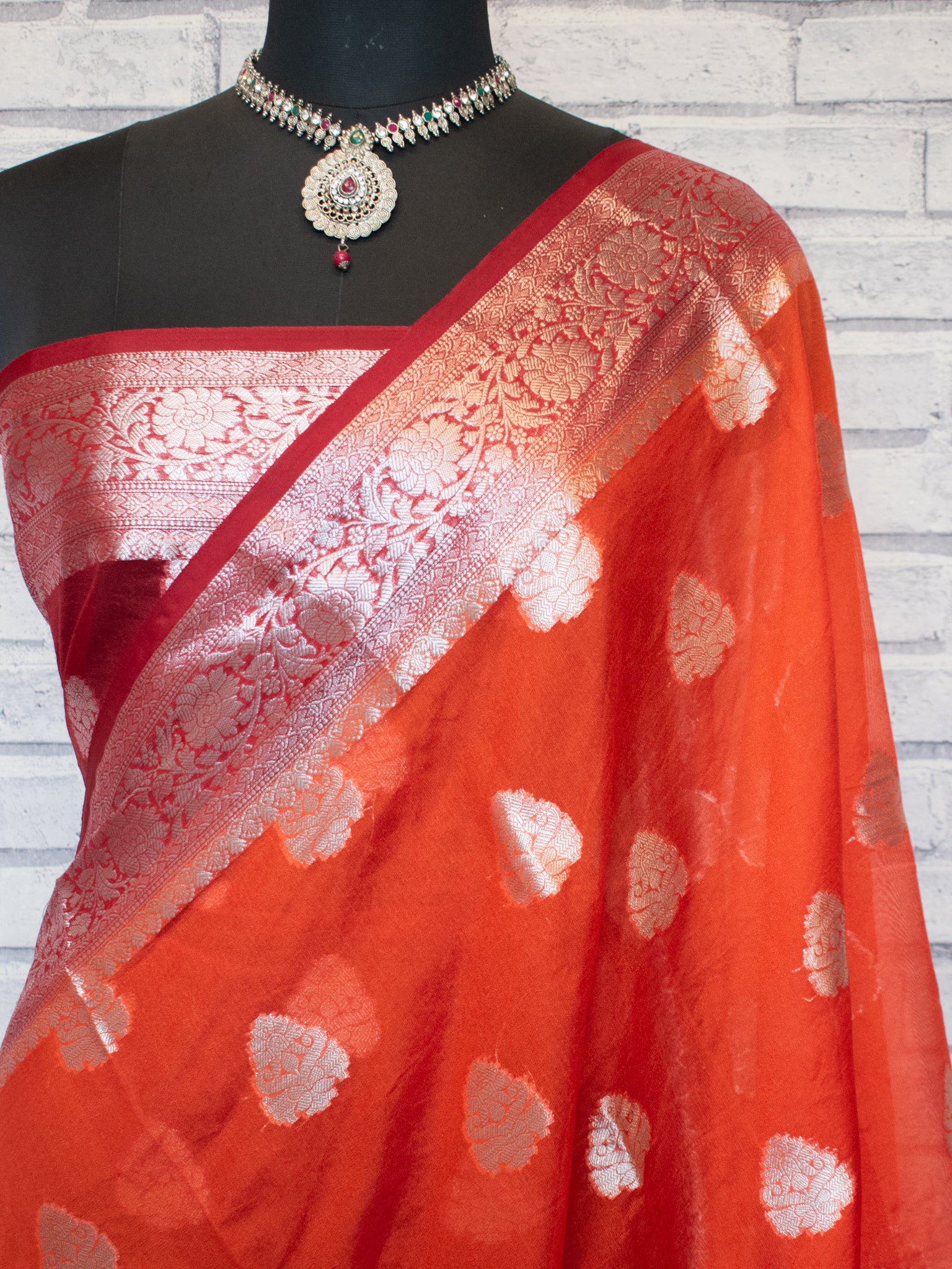 Banarasi Semi Chiffon Saree with Zari Weaving & Border- Orange