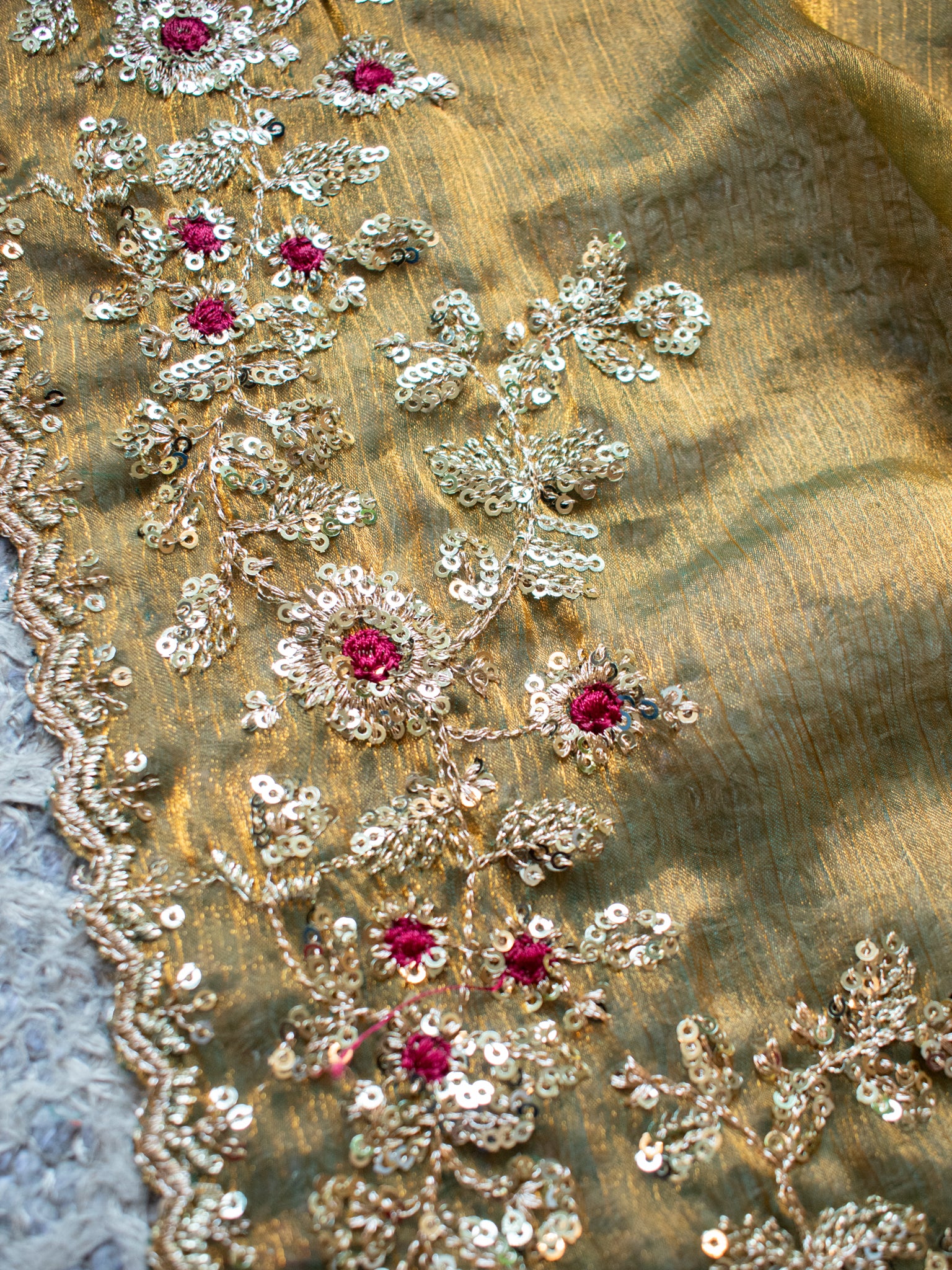 Tissue Embroidered Cocktail Saree- Olive Green