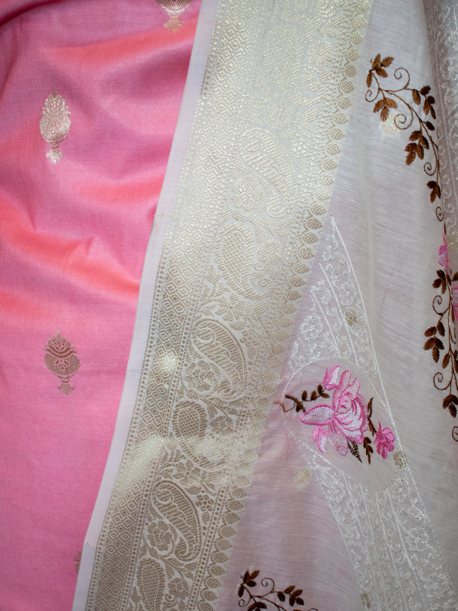 Banarasi Cotton Silk Salwar Kameez with Contrast Dupatta- Pink