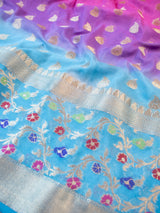 Banarasi Shaded Cotton Silk Saree With Silver Zari & Meena Border-Blue & Pink