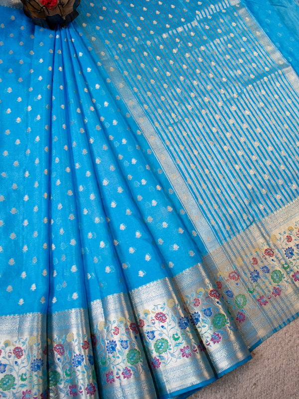 Banarasi Kora Saree With Zari Weaving & Meena Border-Blue