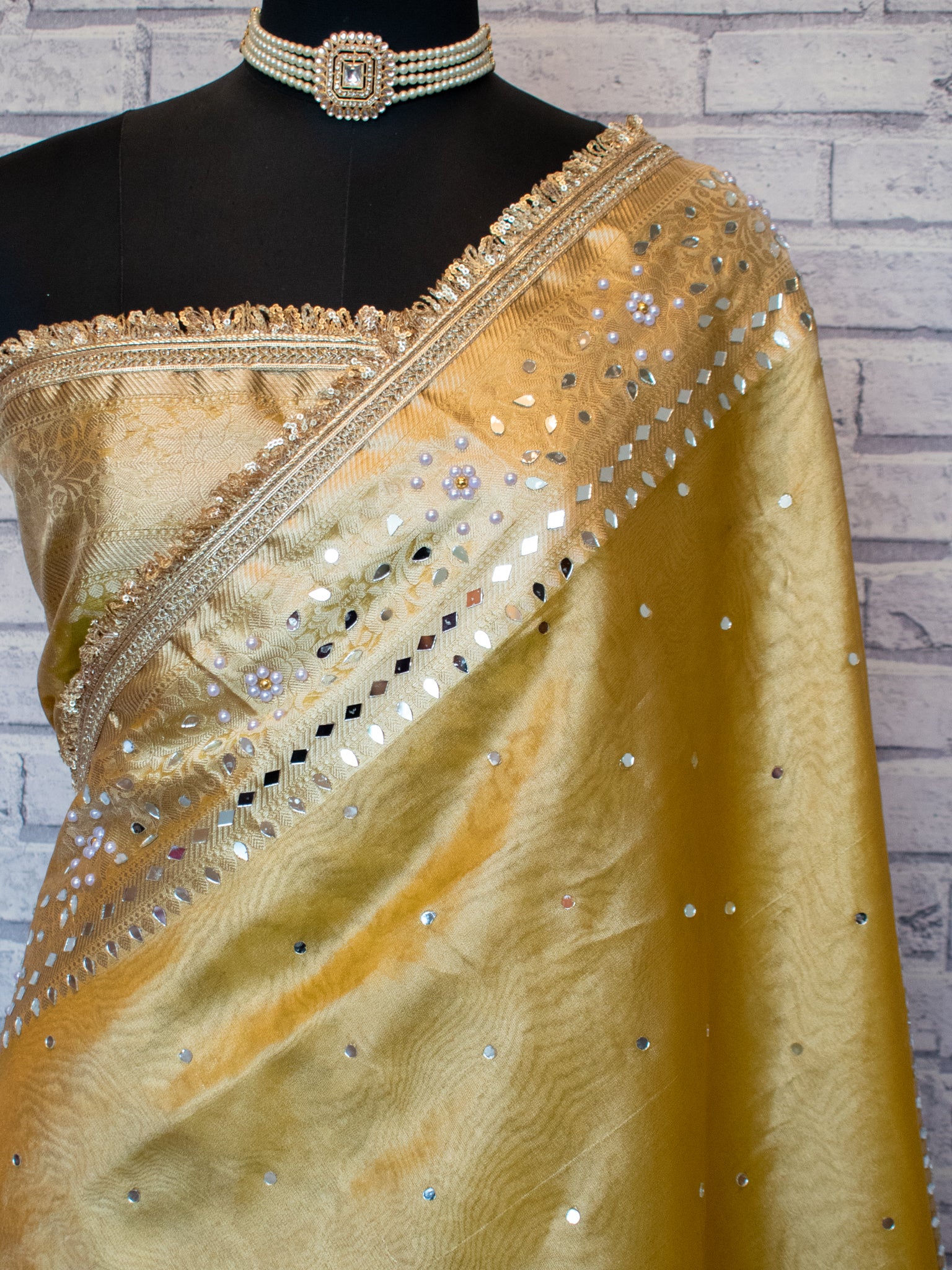 Banarasi Mirror Work Tissue Saree with Lace Border - Yellow