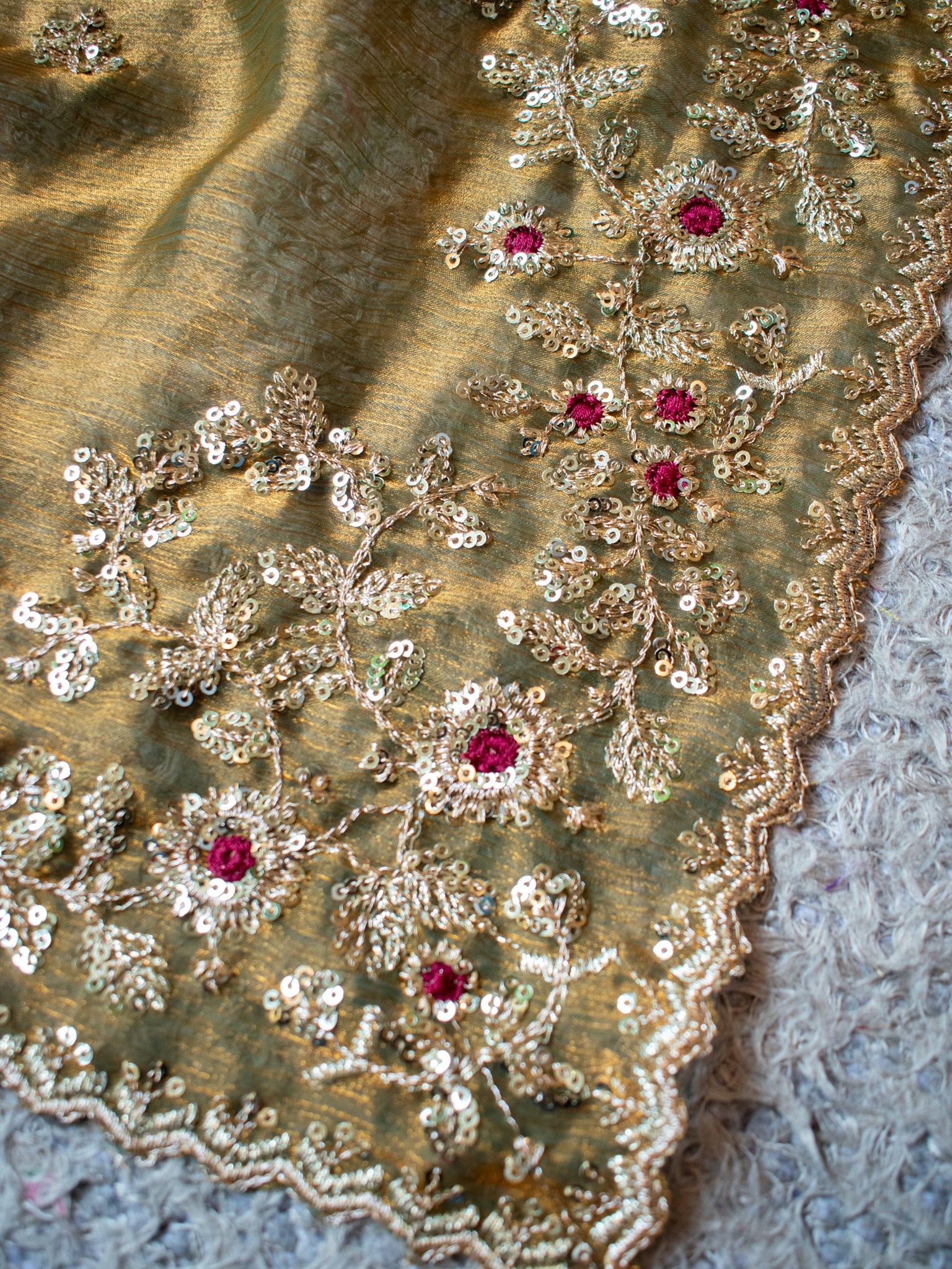 Tissue Embroidered Cocktail Saree- Olive Green