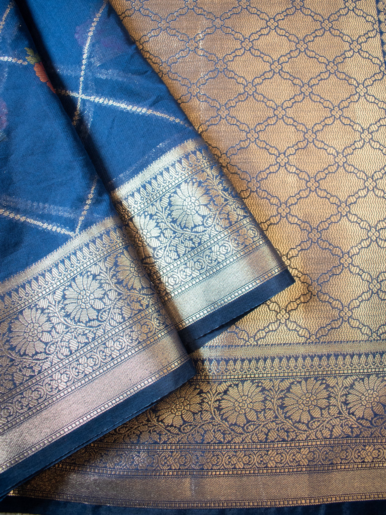 Banarasi Cotton Silk Saree with Floral Weaving & Border- Blue