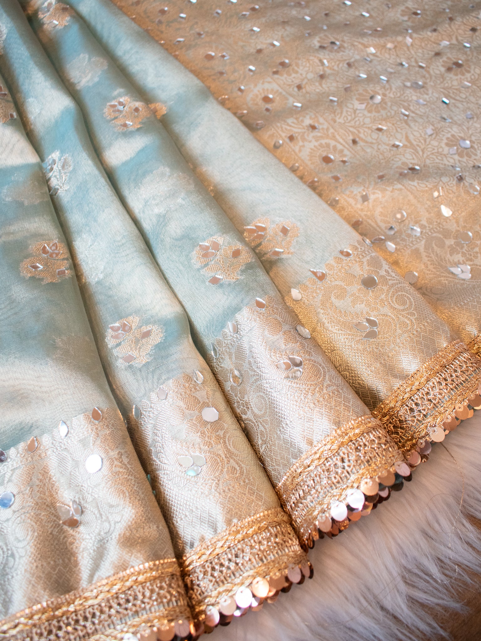 Banarasi Tissue Saree With Mirror Work & Lace Border- Pastel Blue