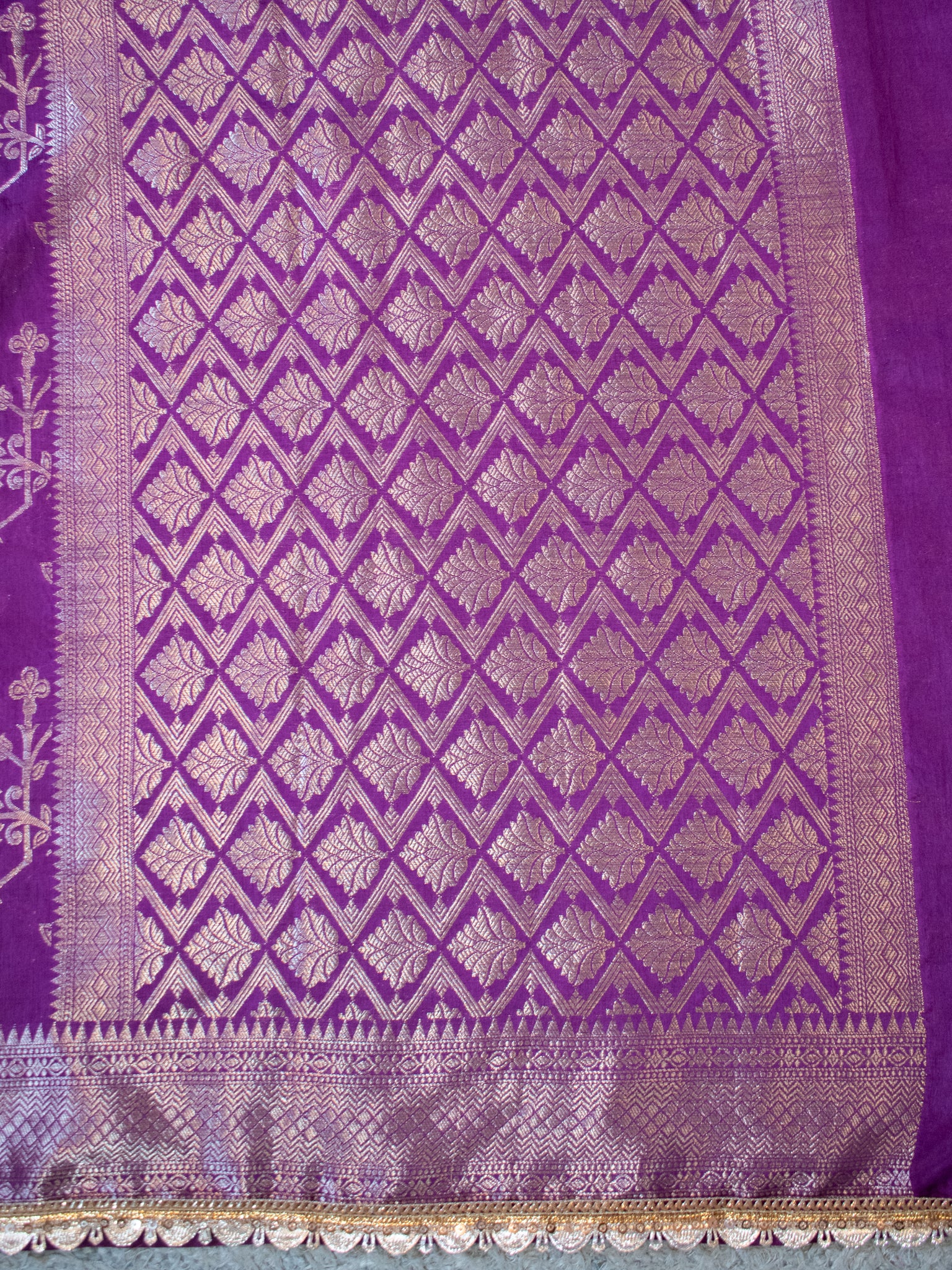 Banarasi Cotton Silk Saree With Floral Weaving & Lace Border- Violet